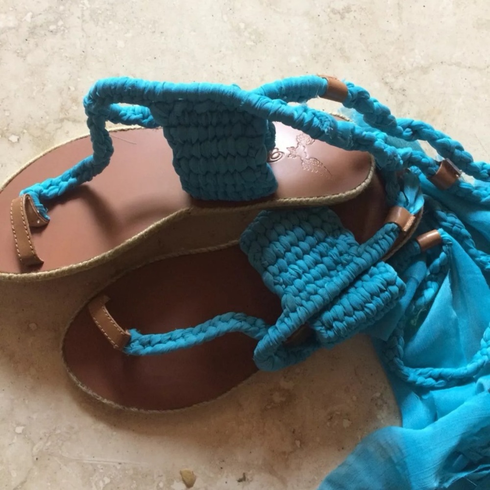 turquoise tie gladiator fabric sandals